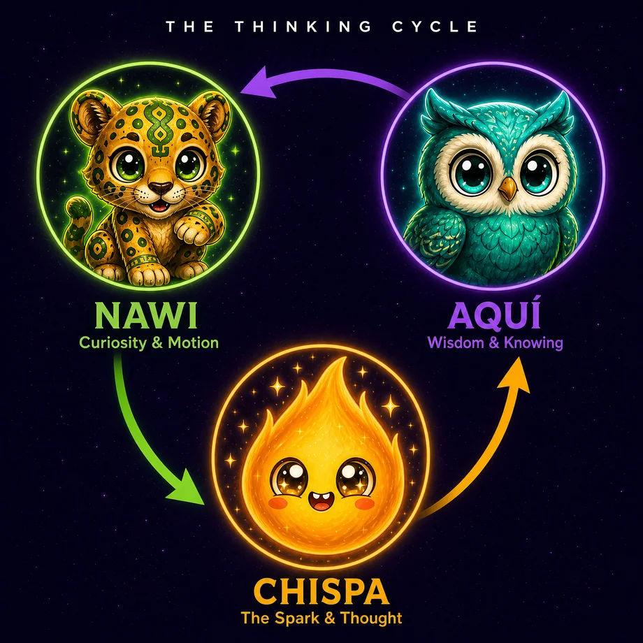 The CLARO Thinking Cycle: Nawi (Curiosity & Motion) → Chispa (The Spark & Thought) → Aquí (Wisdom & Knowing)